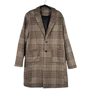 Uaneo Wool Blend Brown Tan Plaid Winter Fall Academia Minimalist Pea Coat XL